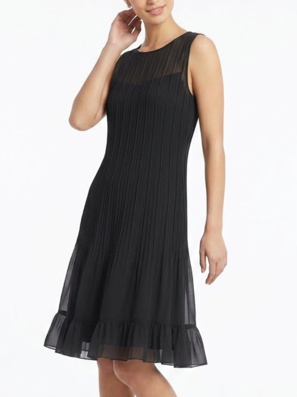 Vintage Rickie Freeman for Teri Jon 100% Silk Sheer Pintuck Dress Black Size 10